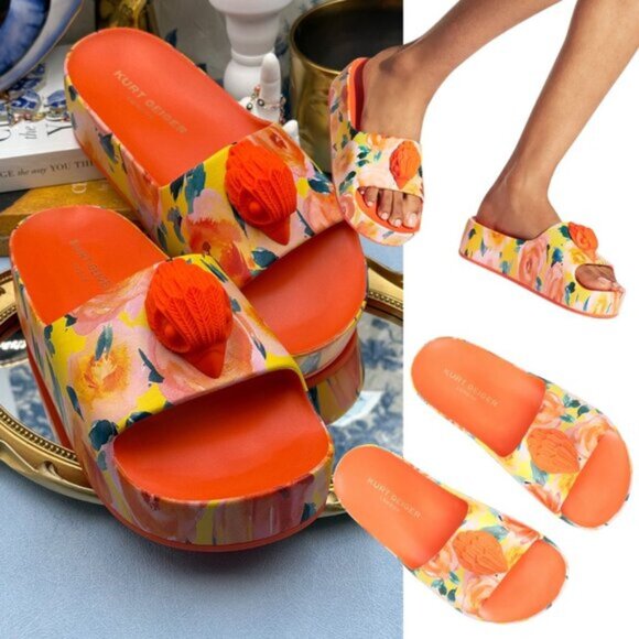 🆕 KURT GEIGER LONDON 🧿 NWOB Eagle Chunky Rubber Slide, Orange Floral, Sz US 7 - Picture 1 of 14